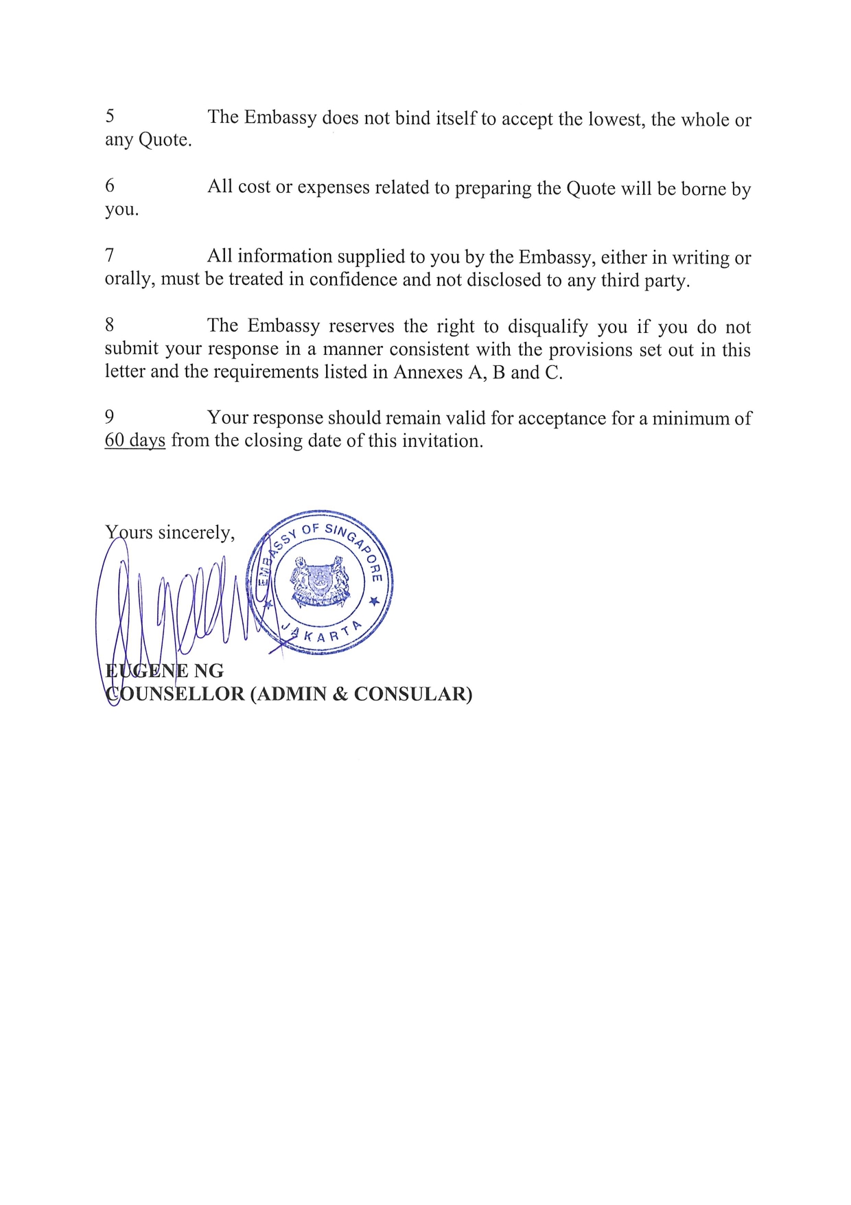 Embassy letter with signature and seal of Singapore Embassy Jakarta. Text reads "Eugene Ng, Counselor".